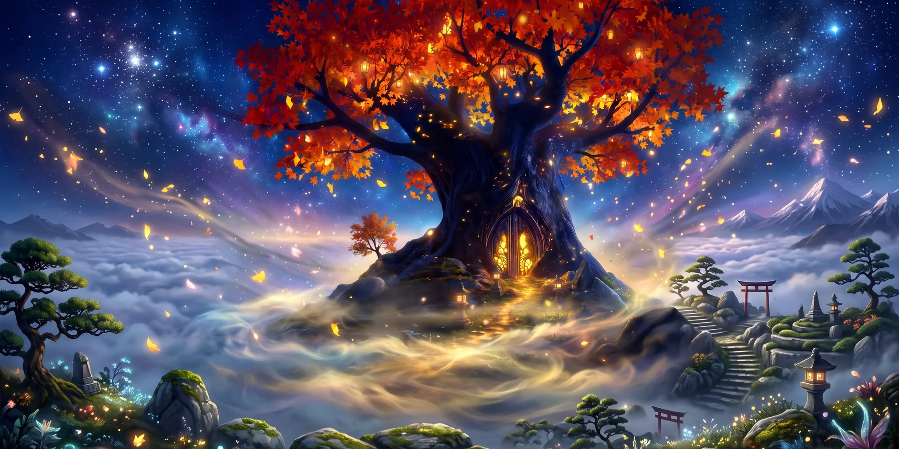 Door of Forgetting — a glowing door in a great autumn-leaved tree, rising from a sea of mist under a starlit sky