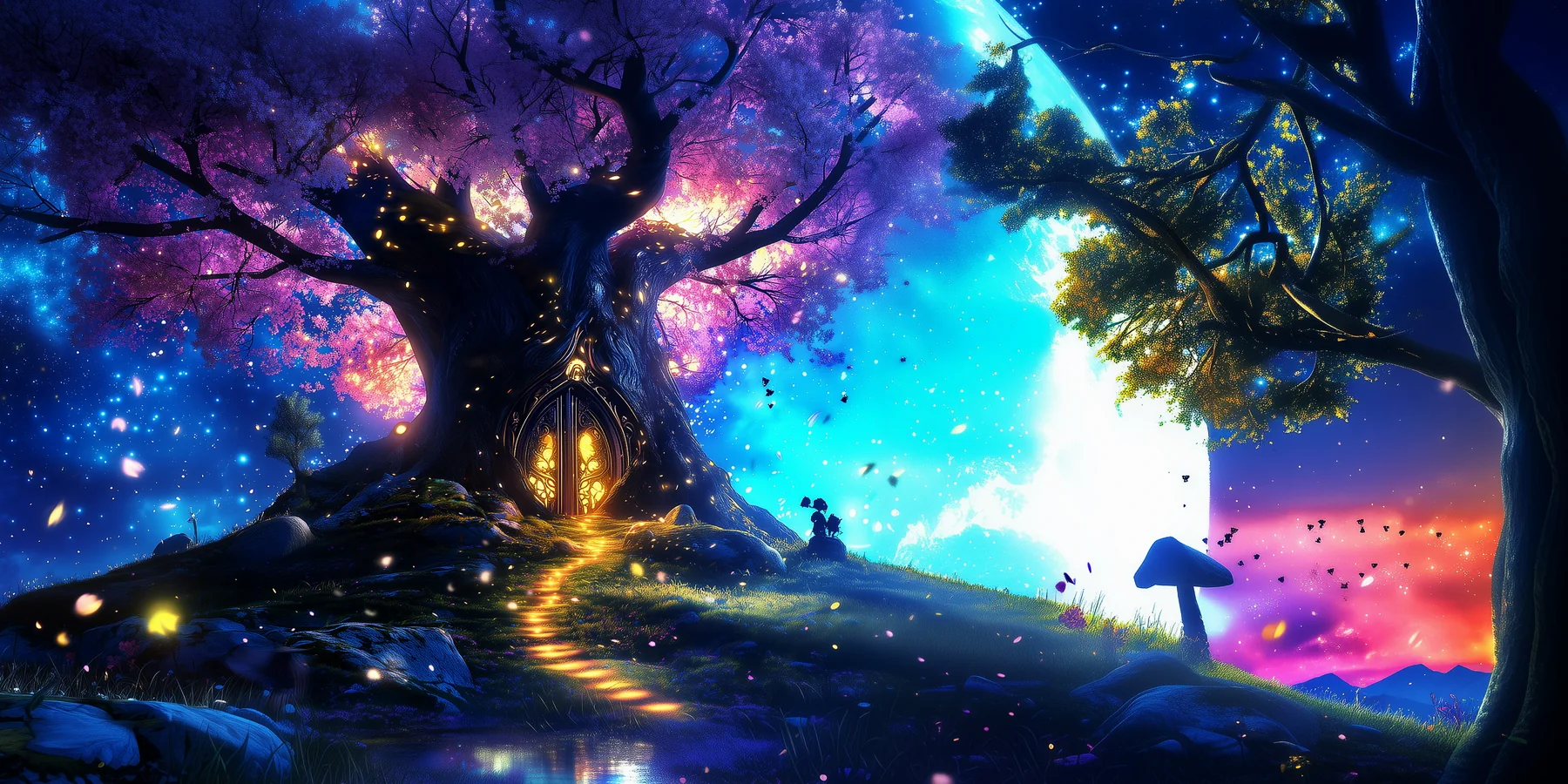Door of Sleep — a glowing door set into a great blossoming dream-tree under a starlit sky